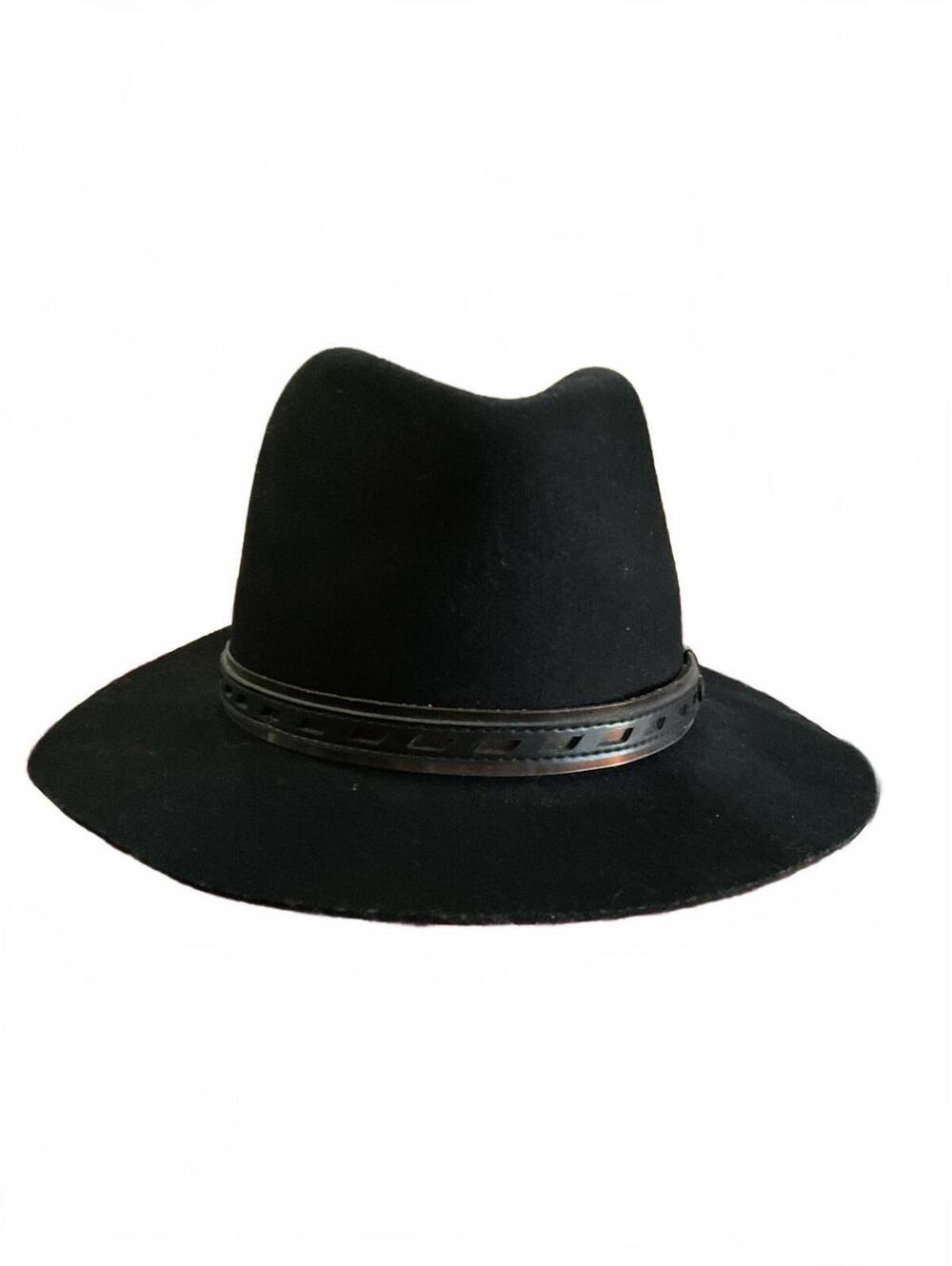 Rag & Bone Classic Black Wide-Brim Wool  Fedora Hat with Leather/Metallic Band M